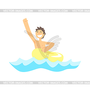 Happy kid having fun with yellow rubber swim ring - vector image