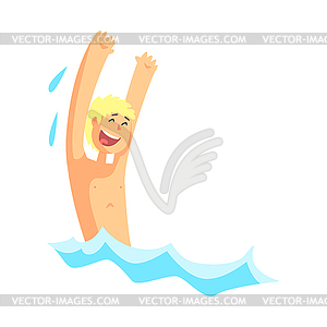 Cheerful blond boy having fun in water - vector clipart