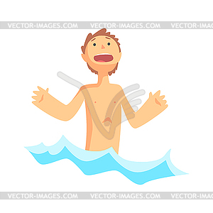 Happy boy having fun in water, swimming in sea - vector image
