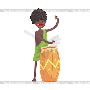 Black skinned man aborigine playing on ethnic drum - vector image
