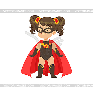 Comic brave girl kid in superhero black costume wit - vector image