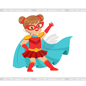 Comic brave kid in superhero red costume with mask - vector clip art