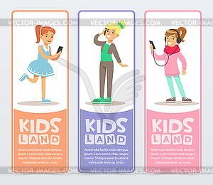 Set of vertical banners with teenagers using - vector clip art