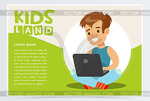 Smiling teenager boy sitting with laptop on his lap - vector image