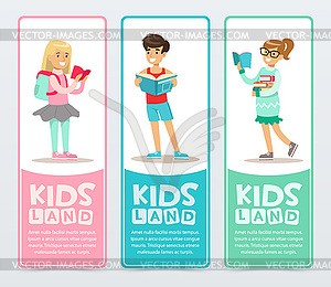 Set of banners with cheerful teens holding books - vector clipart