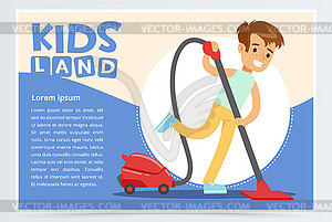 Blue card or poster with happy teenager boy cleanin - vector clip art