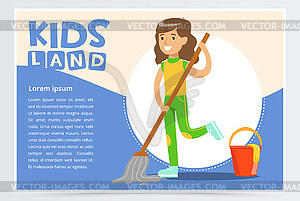 Card with boy hangs clothes in closet. Kid doing - vector clipart