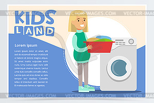 Blue card or poster with young girl standing with - vector clip art