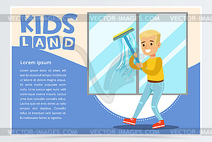 Blue card with young boy washing window with - vector image