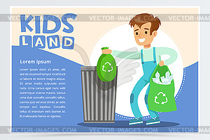 Blue card with boy throwing away bin bags filled - vector clipart