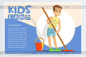 Young smiling boy cleaning floor with mop. Kid doin - vector image