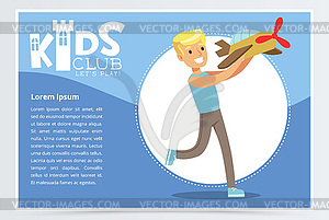 Blue poster for kids club with smiling boy characte - vector clip art