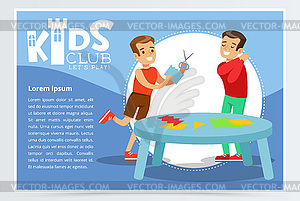 Creative blue poster for kids club with happy boys - vector clip art