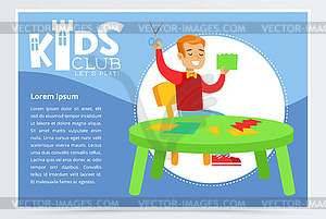 Blue poster for kids club with cheerful boy - vector image