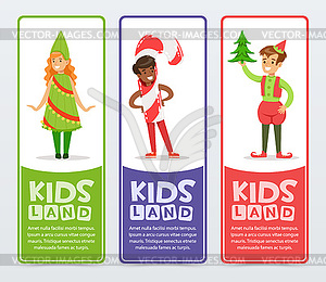 Kids land banners set, cute boys and girls in - vector image