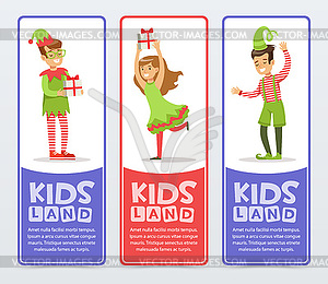 Kids land banners set, cute boys and girls in - vector clip art