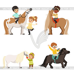 Cute little children riding ponies and taking care - vector clip art