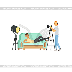 Cartoon guy model character posing lying on couch. - vector clipart