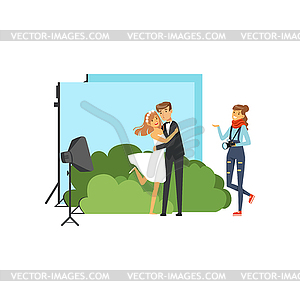 Romantic pre wedding photo shoot in studio with - color vector clipart