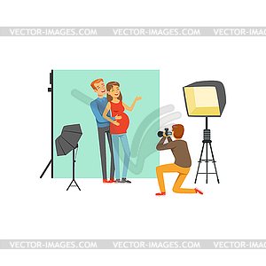 Happy young couple, man and pregnant woman in - vector image