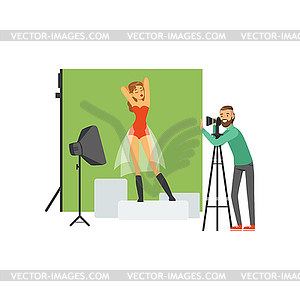 Bearded man photographer standing near camera on - vector clipart