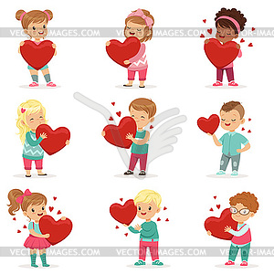 Set of cute kids characters with paper red hearts i - vector clip art