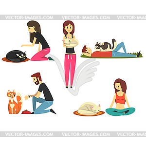Happy people with their cats set, cute pets with - vector image