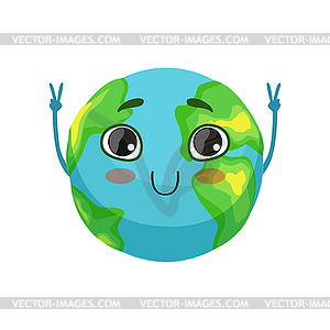 Funny Earth planet character showing victory sign, - vector clip art
