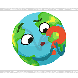 Doubting Earth planet character holding red questio - vector image