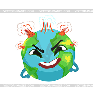 Angry Earth planet character with volcanoes - vector image