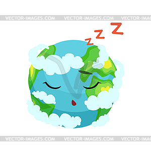 Cute Earth planet character sleeping in white clouds - vector image