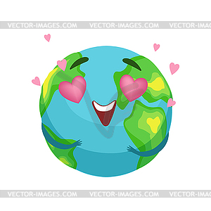 Funny Earth planet character with pink heart - vector clip art