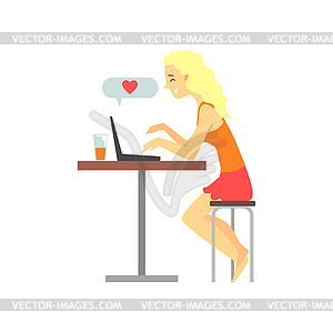 Smiling young blonde girl sitting at table and - vector clip art