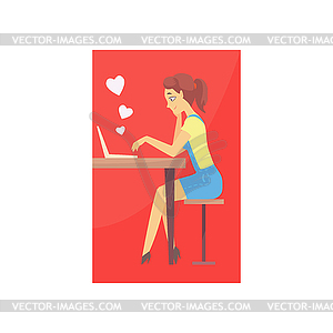 Happy young woman character sitting at desk and - vector clipart