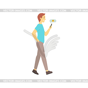 Man walking and sending message on his phone. Onlin - vector EPS clipart