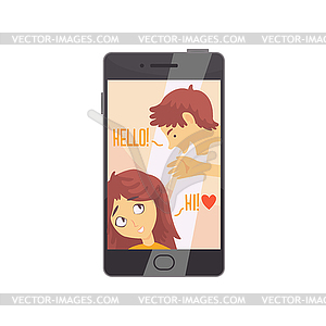 Smartphone with opened love chat and cute boy and - vector image