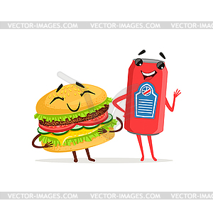 Cute soda can and hamburger characters posing with - vector image