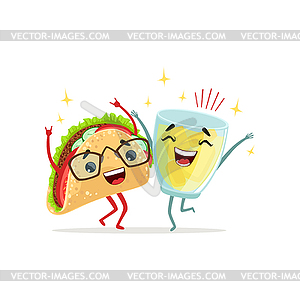 Happy glass of lemonade and tacos characters jumpin - vector clipart