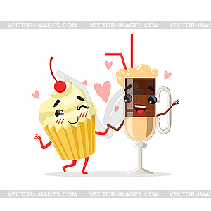 Coffee latte and cupcake with cherry on top. Cute - vector image