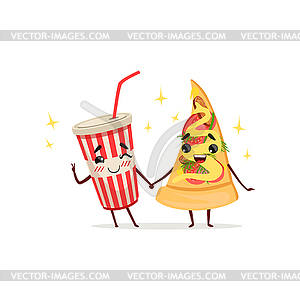 Funny cocktail and slice of pizza characters holdin - vector clipart