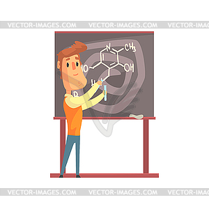 Handsome scientist standing next to blackboard - vector clipart