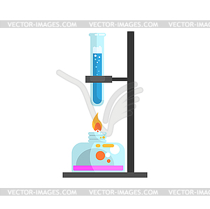 Spirit lamp with fire and glass test tube with - vector image