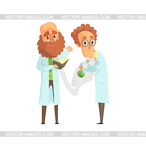 Flat two men scientists in laboratory. Bearded - vector clipart