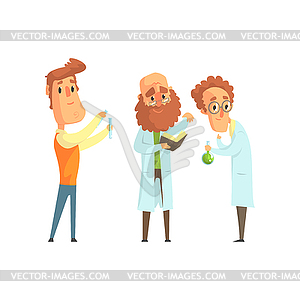 Group of men scientists in laboratory. Funny - vector image