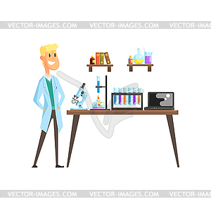 Cheerful young scientist in laboratory. - vector EPS clipart