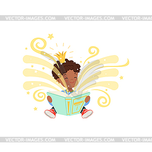 Black little boy sitting on floor and reading - vector clip art