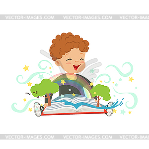 Adorable toddler boy having fun with magic pop-up - vector clipart