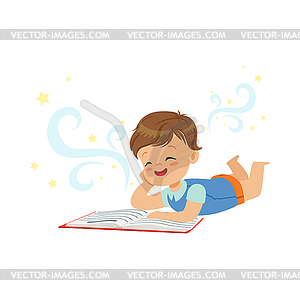 Funny little boy lying and reading magic book with - vector image