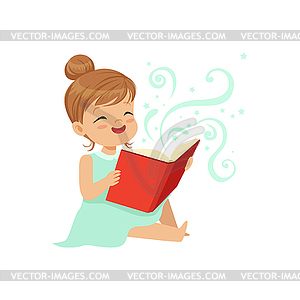 Cute toddler girl sitting on floor with open magic - vector image