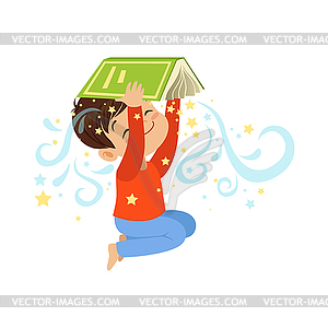 Cartoon little boy holding open magic book over - vector image